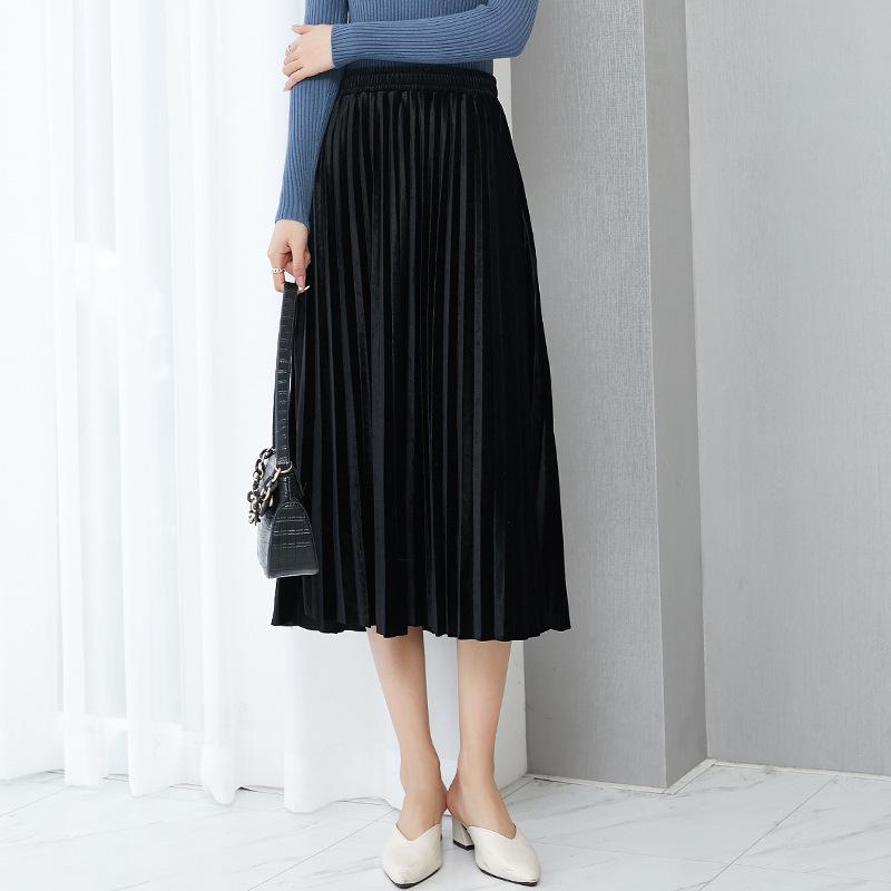 Women's High-Waisted Gold Velvet Pleated A-Line Long Skirt