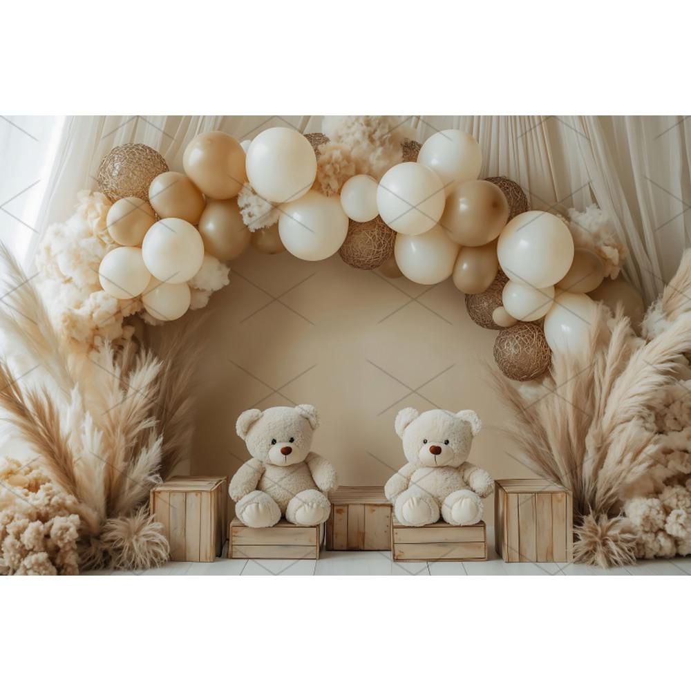 Boho Pampas Teddy Bear Photography Background Balloons Arch Tent Decor Cake Smash Baby 1st Birthday Indoor Photocall Backdrops