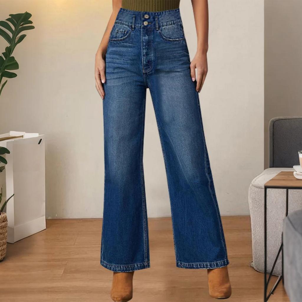 Women's High Waist Washed Women's Jeans Fashionable Versatile Straight Leg Pants