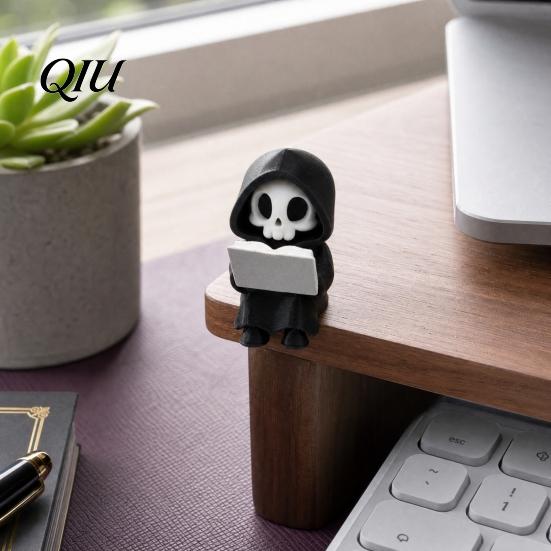 Versatile Desktop Decoration Grim Reaper Reading Figurine, 3D Printed Mini Skull Statue, Fun Sculpture Cute Gothic Skeleton Ornament for Bookshelf,
