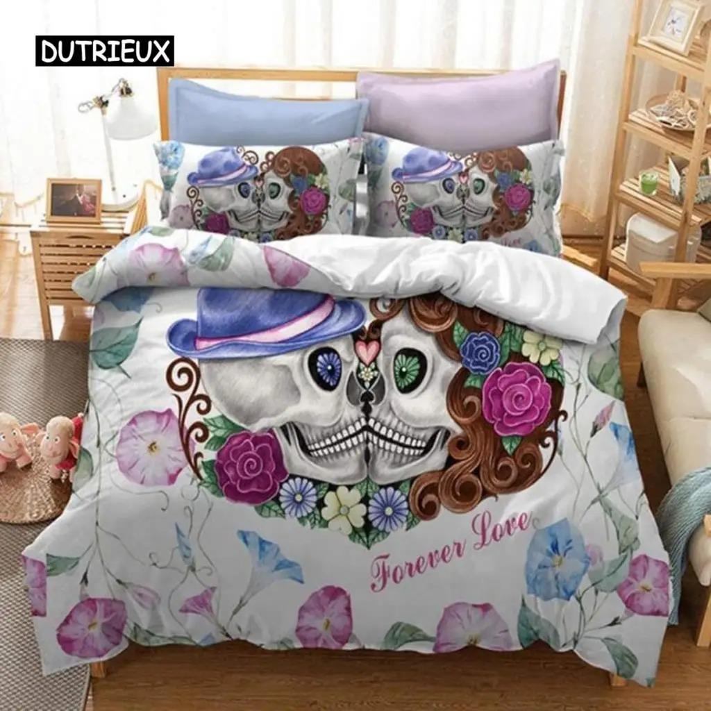 Duvet Cover Set,3D Printed Gothic Skull Bedding Set,Soft Comforter Cover with Zipper Closure and 2 Pillow Shams Sugar Skull