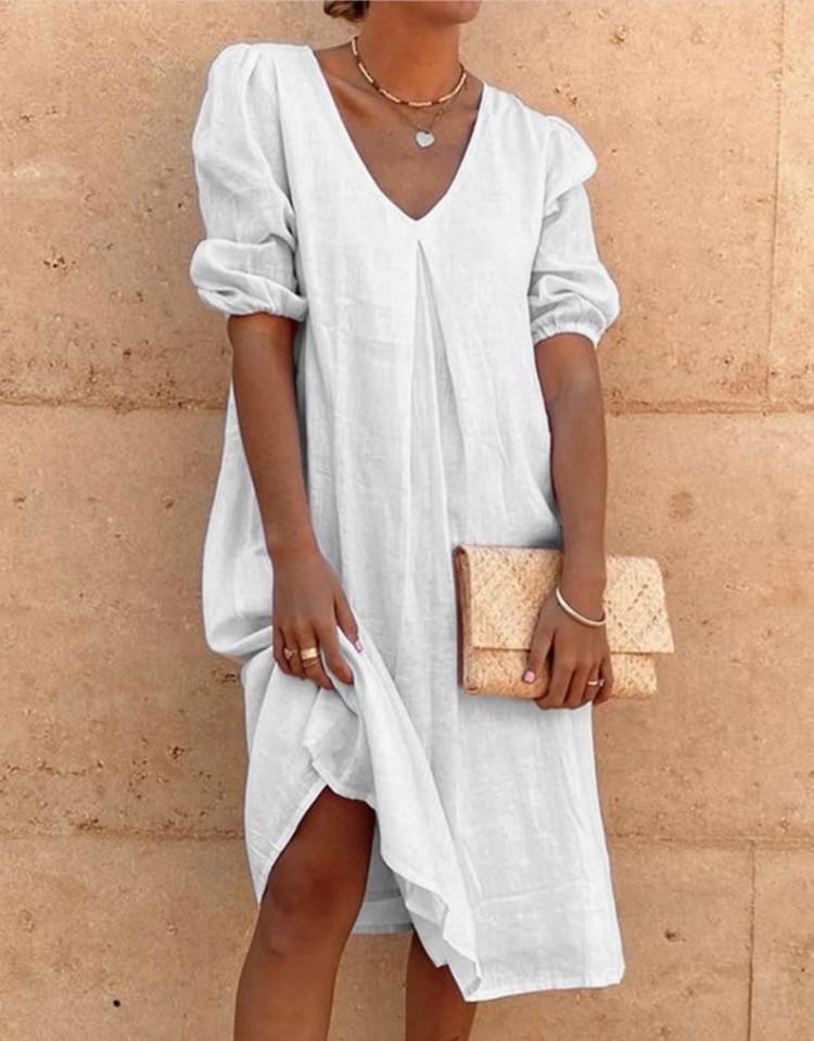 Dress for Women Cotton Linen Solid Long Sleeve Long Dresses Casual Loose Summer Midi Dress
