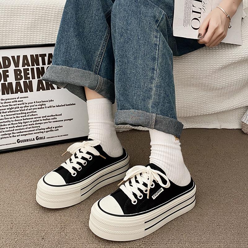 Women's Wide Canvas Sneakers Slip-on Canvas Shoes Mules Slide Sneakers Backless with Wide Toe Box