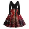 Women's Christmas Printed V-neck Large Hem Dress Long Sleeve Dress