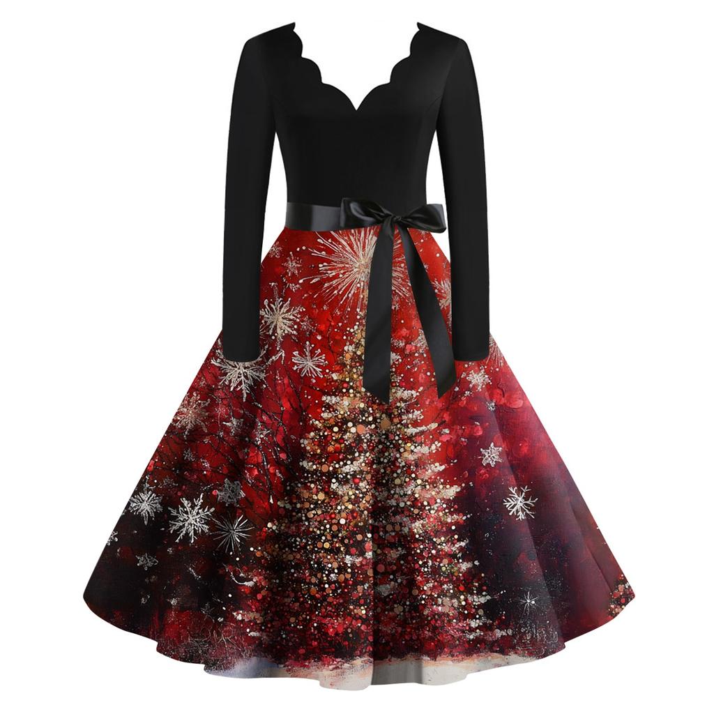 Women's Christmas Printed V-neck Large Hem Dress Long Sleeve Dress
