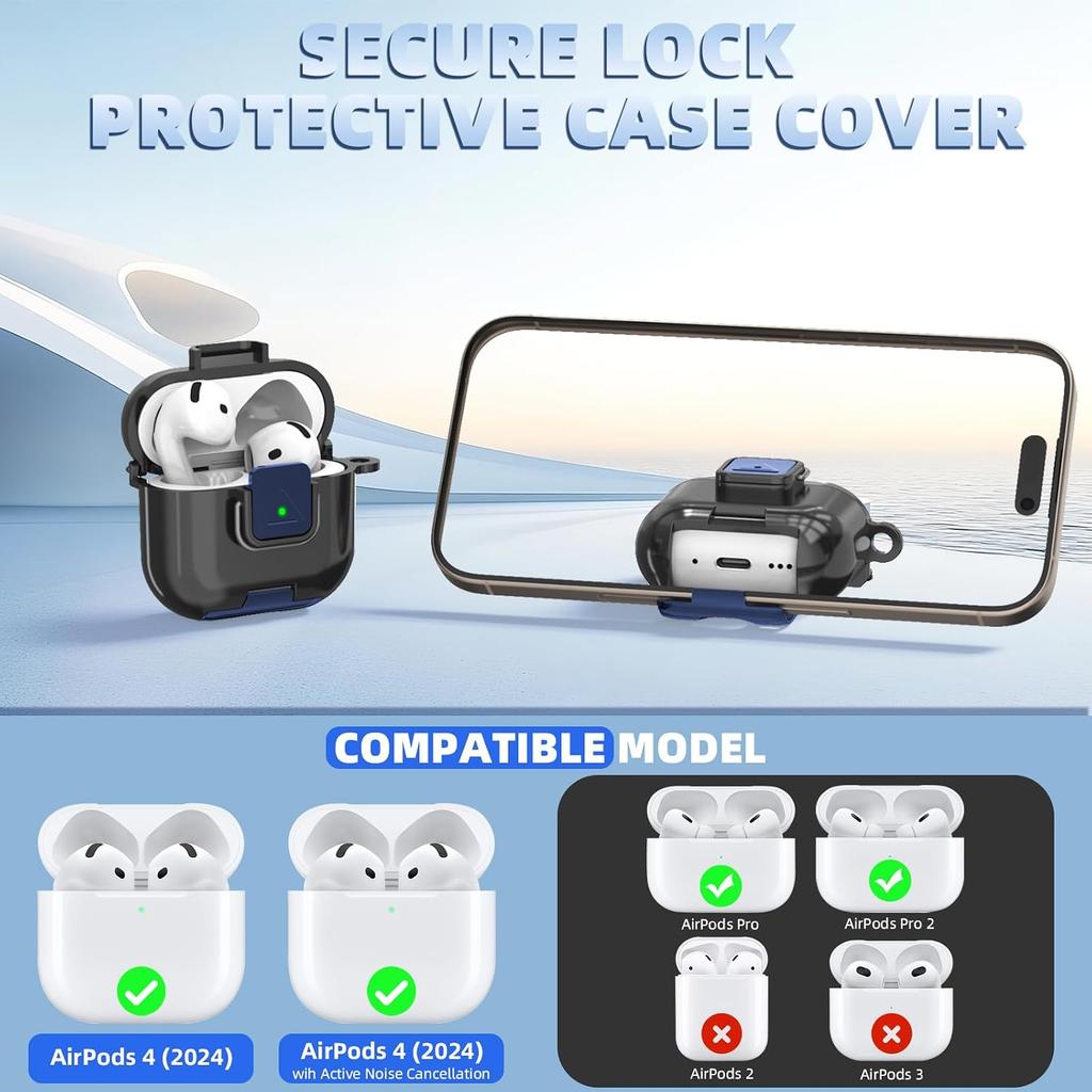 Secure Lock Case for AirPods 4 Case with Phone Stand, Soft TPU Shockproof Protective Cover for Airpods 4th Generation Clear Airpod 4 Case with
