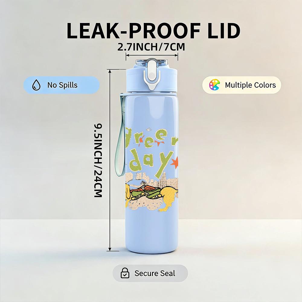 1PC Green Soup Minimalist Cartoon Text Print 750ml Portable Sports Water Bottle Leakproof Gym Outdoor Travel Drink Cup