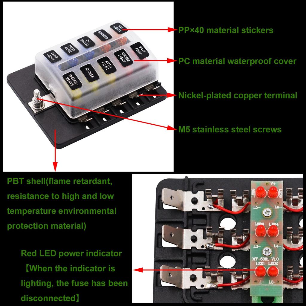 PC Terminal Block Type, 1 In 10 Out Fuse Boxes for Cars, RVs, and Ships, with LED Lights, 12-32V