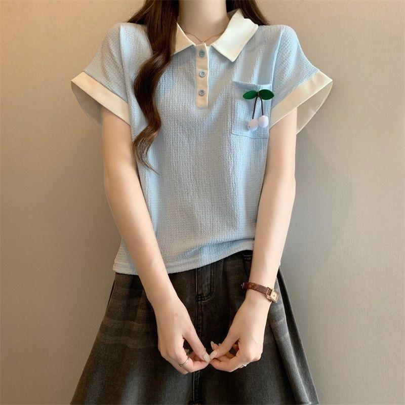 Cherry Decorative Women's T-shirt Color Blocking Turn Down Collar Half Button Short Sleeved Tees Summer New Version Loose Casual Lady Top