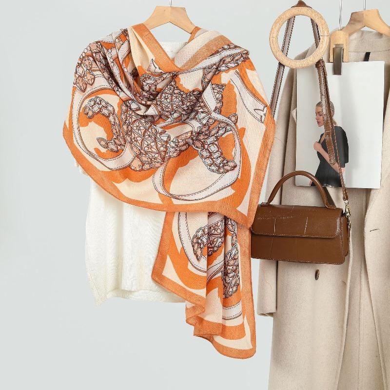 Retro Light Luxury Printed Women's Scarf Scarf Scarf Silk Scarf Autumn and Winter with Thin Shawl Warm Neck Scarf