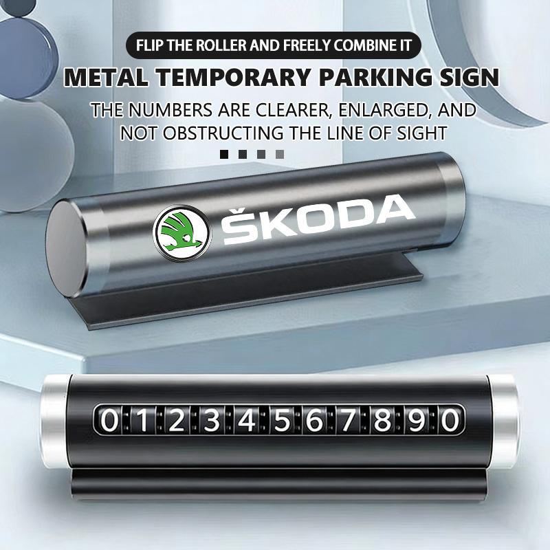 Car Phone Number Plate Stop Temporary Parking Card Aluminum Stickers Rotate For Skoda Rapid Octavia Derivative Enyaq-iV VisionS
