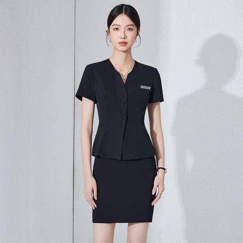 Женский темно-синий костюм с коротким рукавом - Летняя профессиональная одежда для стойки регистрации в отеле и ювелирном магазине.