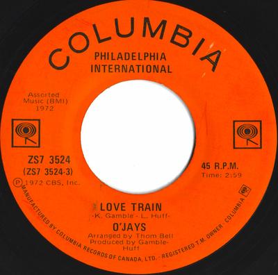 7-дюймовая пластинка O'JAYS - Love Train ZS73524 Columbia, Филадельфия 1972 Канада Соул/Фанк Б/У
