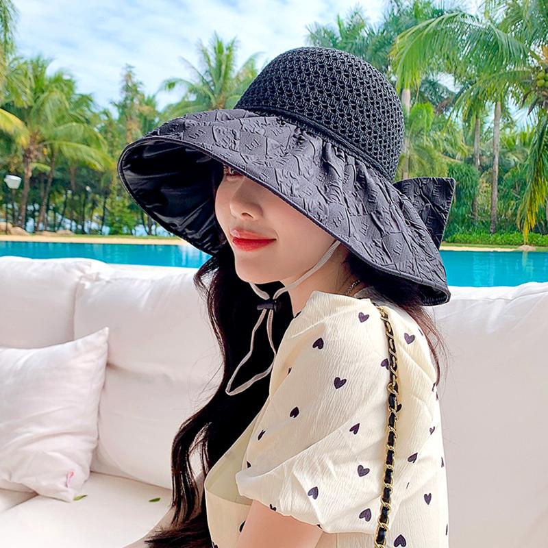 1 шт. Стильная соломенная шляпа с большими полями, солнцезащитный головной убор, ажурная УФ-защита, бант, ручная работа, крючком, солнцезащитная кепка