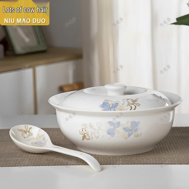 Большая керамическая суповая тарелка с крышкой и ложкой