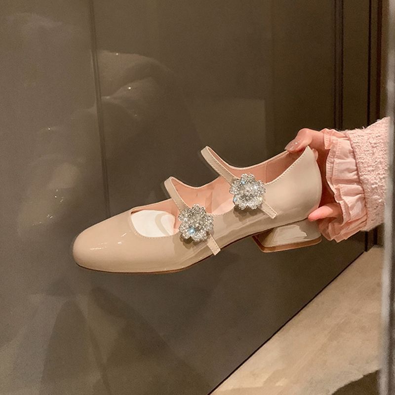 One-word buckle Mary Jane shoes leather shoes women's shoes high heels women's spring thick heel square head shallow mouth single shoes 2025 patent