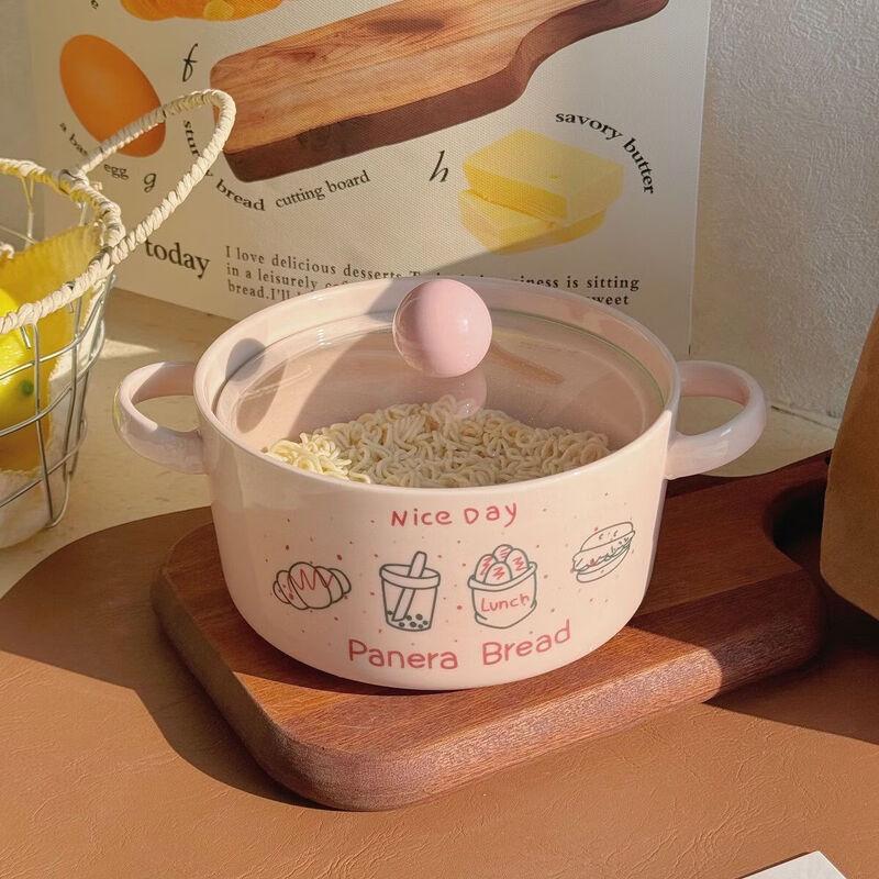 Милая керамическая миска для лапши с двумя ручками и крышкой