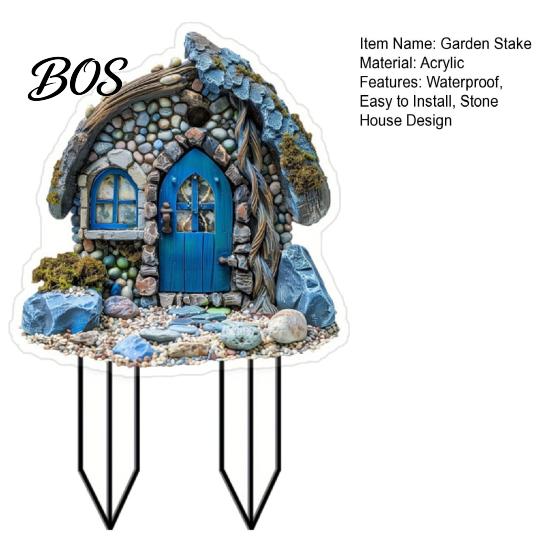 Elf Cabin Garden Stake Stone House Stake, 2D Acrylic Blue Door Yard Art Fairy Tale Cottage Outdoor Decoration for Lawn Planter Decor Plant