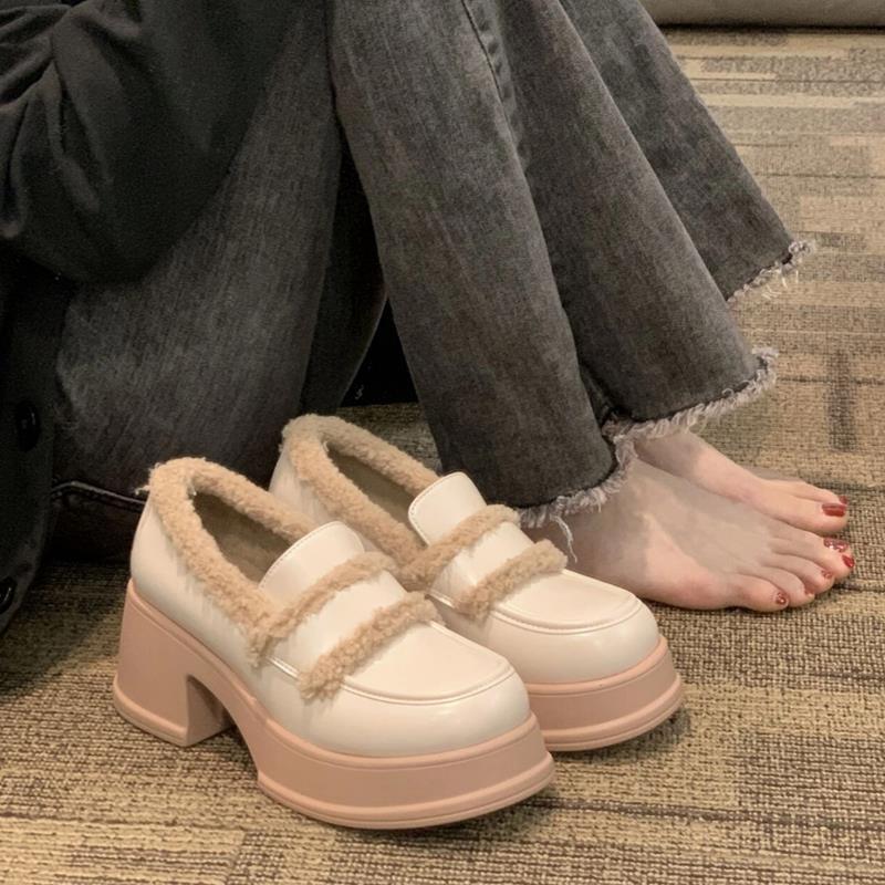 Толстая подошва, усиленный нескользящий толстый каблук, новые маленькие кожаные туфли, женские осенне-зимние туфли Мэри Джейн, водонепроницаемые, белые, бархатные, модные