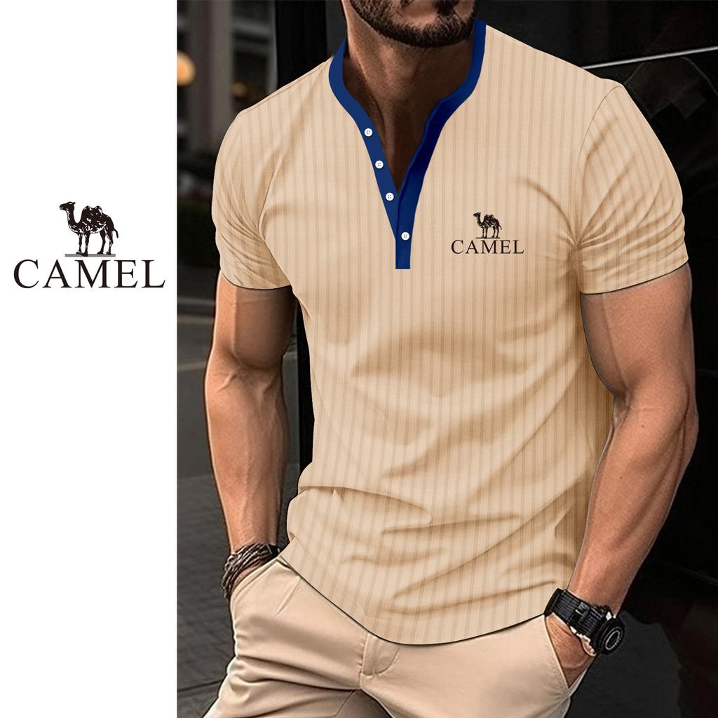 2024 Summer Men's Solid Color Pit Stripe Casual Button V-neck Slim Fit Embroidered Short Sleeved T-shirt