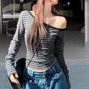 Sexy Shoulder Striped Slim Fit Long Sleeved T-Shirt With Off Shoulder Top