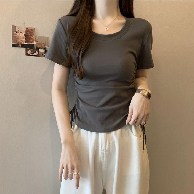 Футболка с короткими рукавами из хлопка для женщин, новая летняя короткая футболка с завязками для девушек, однотонный топ с круглым вырезом