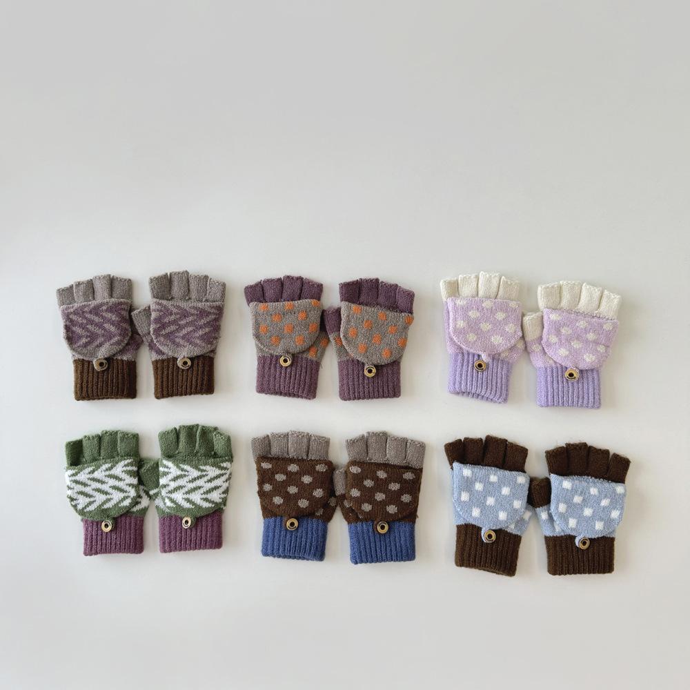Children's Gloves Autumn and Winter Korean Version Girls Writing Flip Five Fingers Boys Keep Warm Half Fingers Going To School