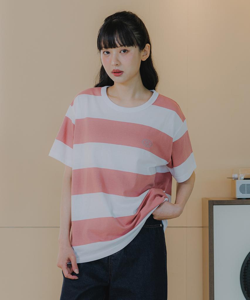BAKKEN [Women] Striped Embroidered Logo Short Sleeve T-Shirt Bk4214 (5 Colors)