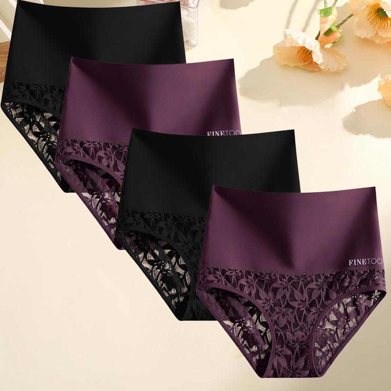 FINETOO 4Pcs Bodyshaper High Waist Lace Panties Women Underwear Soft Crotch Briefs Hollow Out Intimates Lingerie Ice Silk Briefs