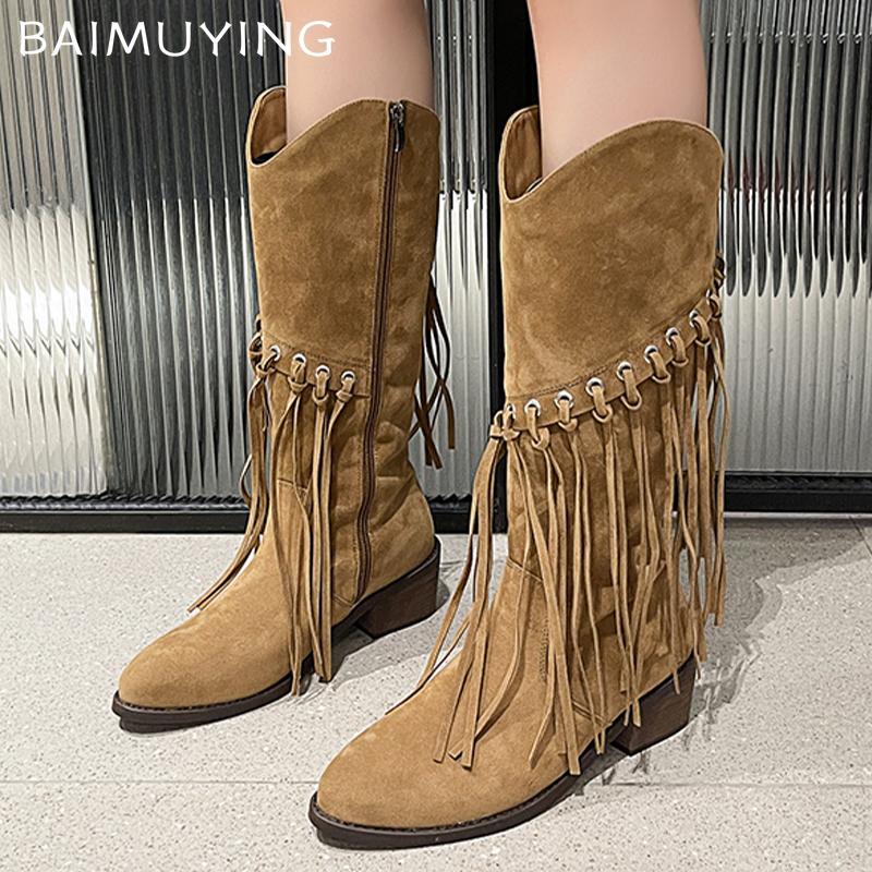 Suede Women High Boots Tassels Fashion Chunky Shoes Knee High Snow Chelsea Botas Winter New Trend Woman Designer Zapatos