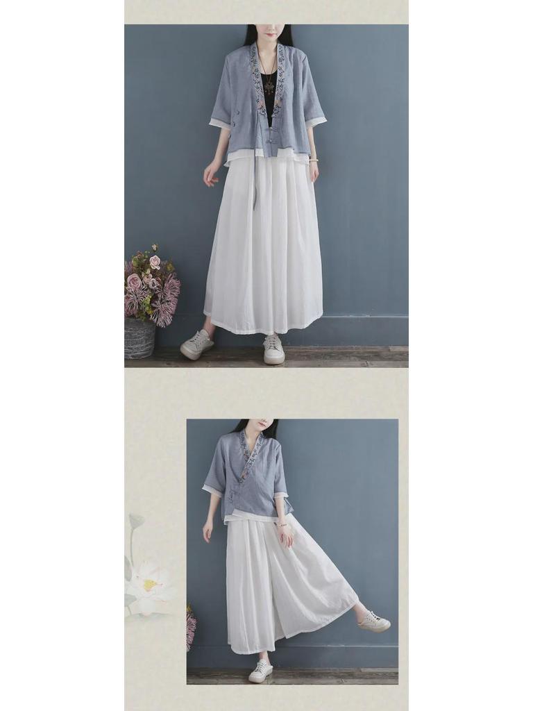 Хлопковая рубашка в китайском стиле в стиле ретро: Женский кардиган из двух частей со средним рукавом и косым воротником