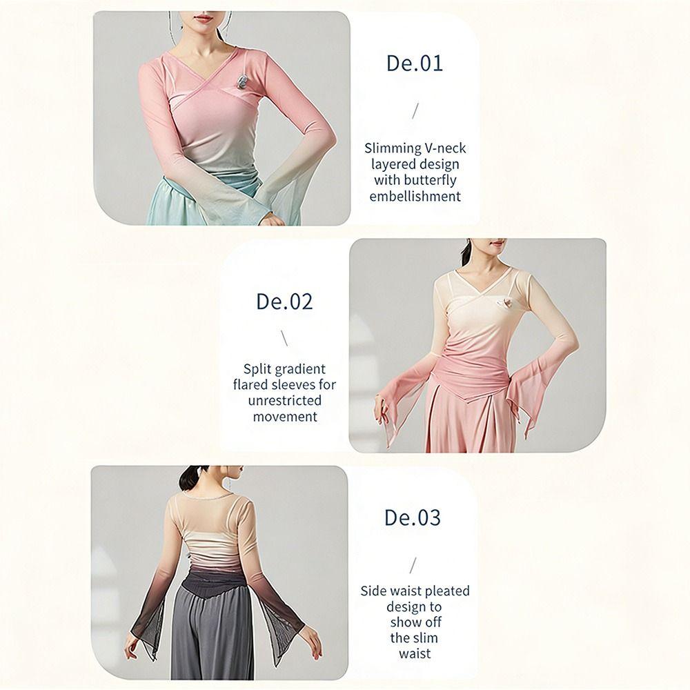 Chinese Hanfu Saree Blouse Gradient Dance Mesh Top Fashion Performance Training Costumes  Women