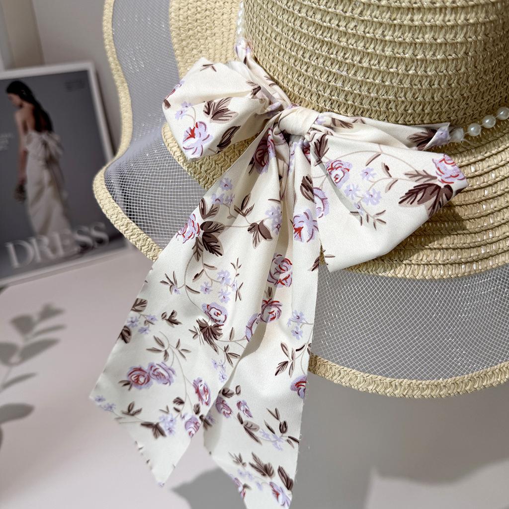 Summer New Straw Hat Floral Streamer Pearl Decoration Sun Hat Seaside Outing Big Eaves Sun Protection Hat