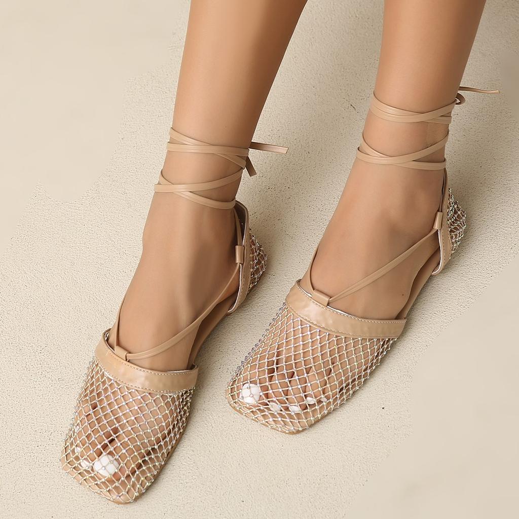 Fashion Women's Luxury Square Headed Mesh Socks Mesh Feet Band Sandals Fashion Women Colorful Diamond Flat Sandals Summer Beach Shoes