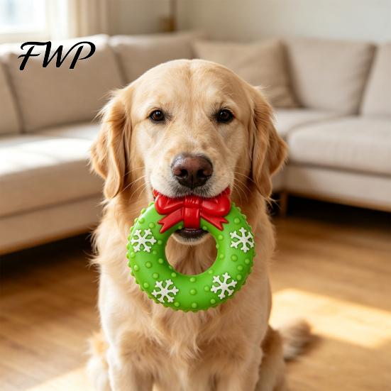 Non-Toxic Dog Chew Toys Christmas Squeaky Toys, Teeth Cleaning Interactive Pet Holiday Themed Balls with Candy Cane Wreath Shapes for Puppy