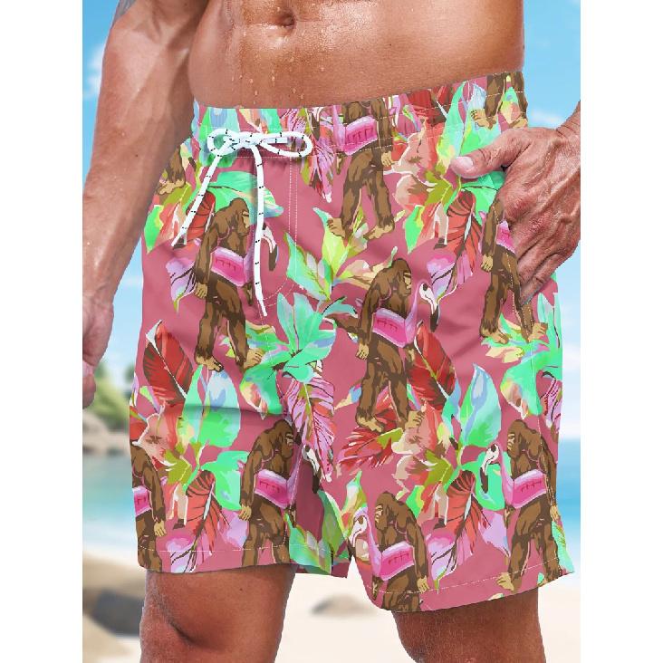 2026 Men's Fun and Quirky Hawaiian Beach Shorts Featuring Gorillas and Flamingos