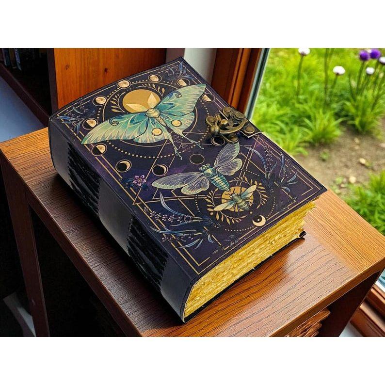 Luna Moth Grimoire – Handmade Spell Book with Lock | Personalized Wiccan Leather Journal with Deckle Pages | Witchy Gift