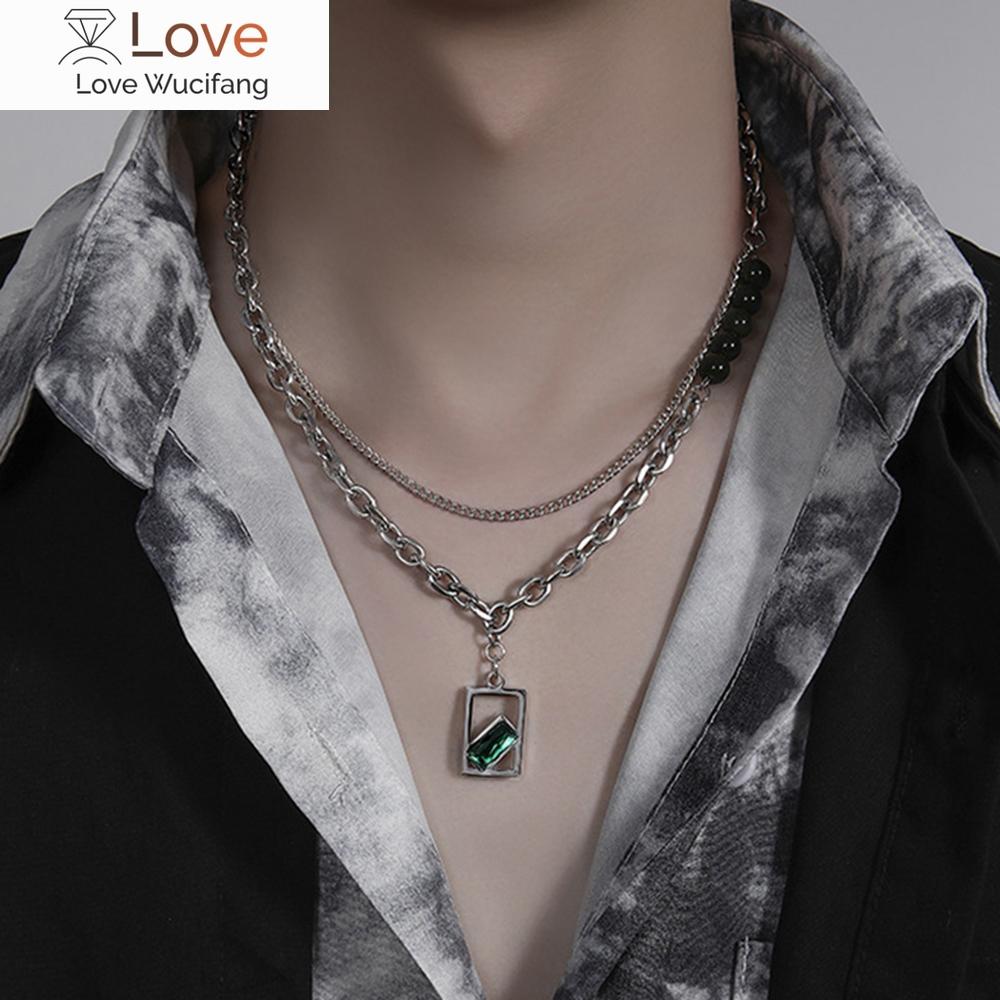Модное двухслойное мужское ожерелье из нержавеющей стали с подвеской из зеленого кристалла, мужское ювелирное украшение для вечеринки, подарок друзьям