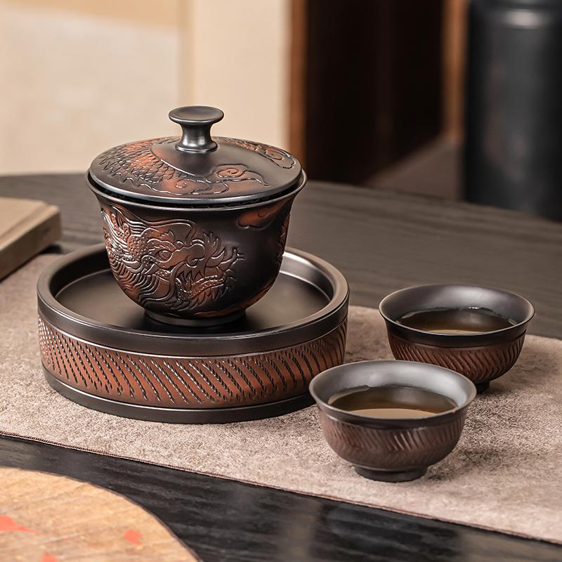 Jianshui Purple Pottery Gaiwan Dragon Handmade Household Kung Fu Tea Set Tea Bowl Tea Cup Tea Maker Tea Ceremony Tea Tureen