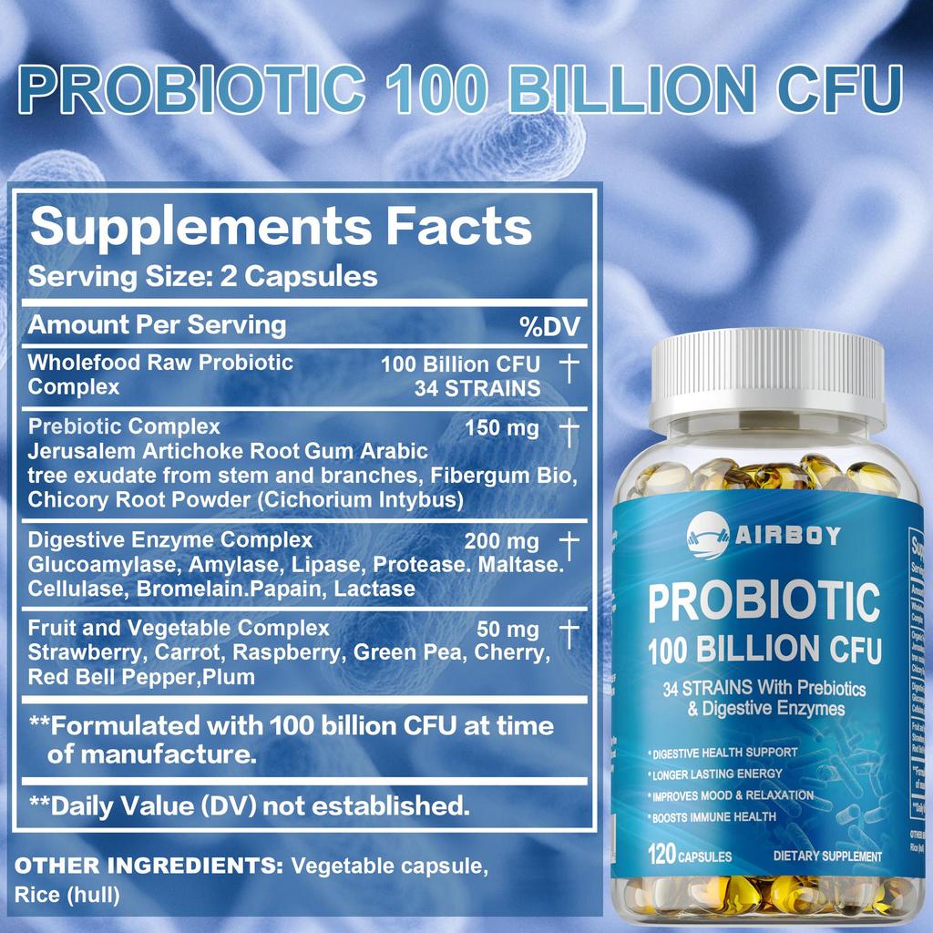 Probiotic supplement, 100 billion probiotics, 34 strains of probiotics, supports digestive health and improves energy levels. 120 vegetarian capsules.