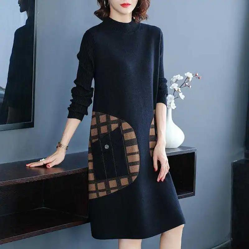 Платье для женщины Хлопок Зима Тепло Круглый вырез Длинный рукав Винтаж Повседневный С принтом Длинные Трикотажные платья-свитера стрейч