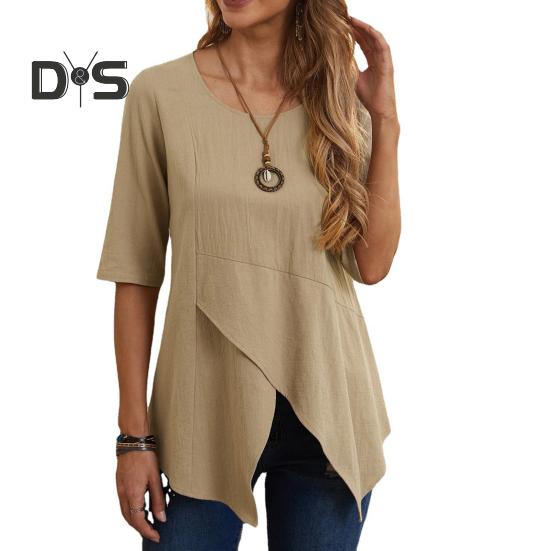 Женские топы с круглым вырезом, коротким рукавом, неровным подолом, свободный крой, однотонная повседневная футболка, повседневная одежда