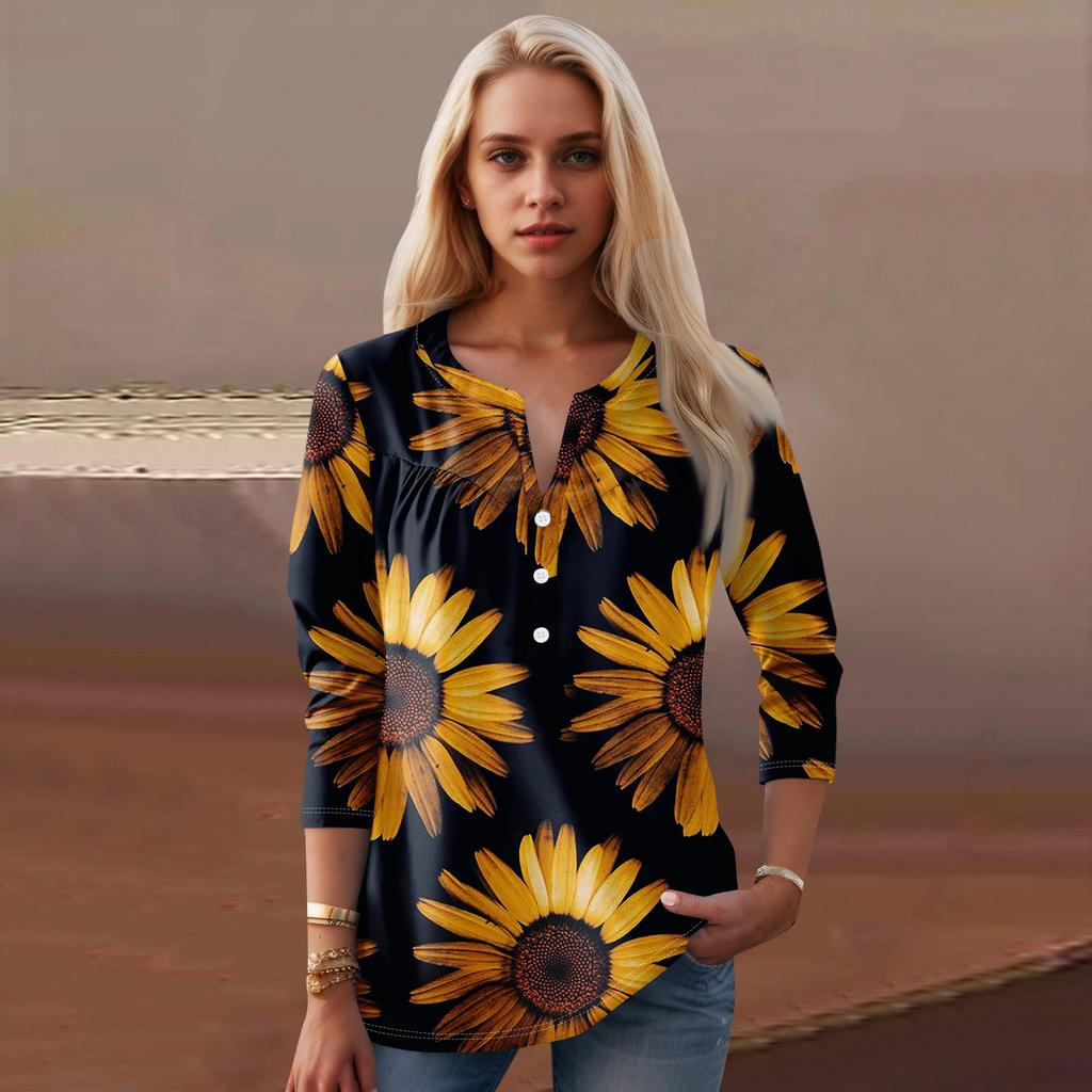 Женская мода повседневный топ с длинным рукавом и круглым вырезом с цветочным принтом