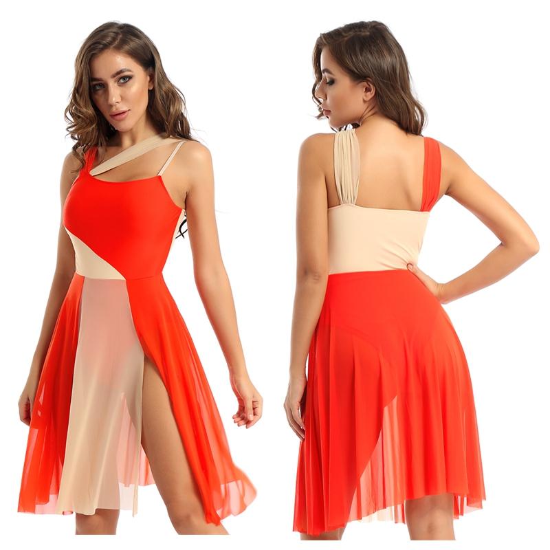 Women's Girls Ballet Lyrical Dance Asymmetrical Mesh Dress Ballerina Leotard Modern Contemporary Dance