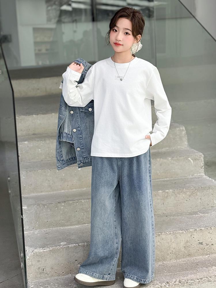 Stylish Girls' Autumn Three-Piece Set: Hoodie, Denim Vest, Wide-Leg Pants