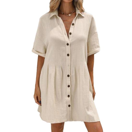 Женское платье-рубашка с коротким рукавом, лацканами, V-образным вырезом, на пуговицах, расклешенное
