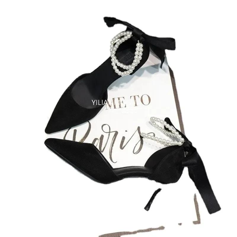 Туфли-лодочки на высоком тонком каблуке с острым носком, женская обувь для вечеринок, распродажа 2024, модные слипоны, весенние, с бусинами на шнуровке, однотонные, взрослые лодочки