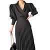 Available In Two Colors, 2023 New Style Pleated Dress with Lapel, Side Bow Tie Waist, and Slimming Puff Sleeves.