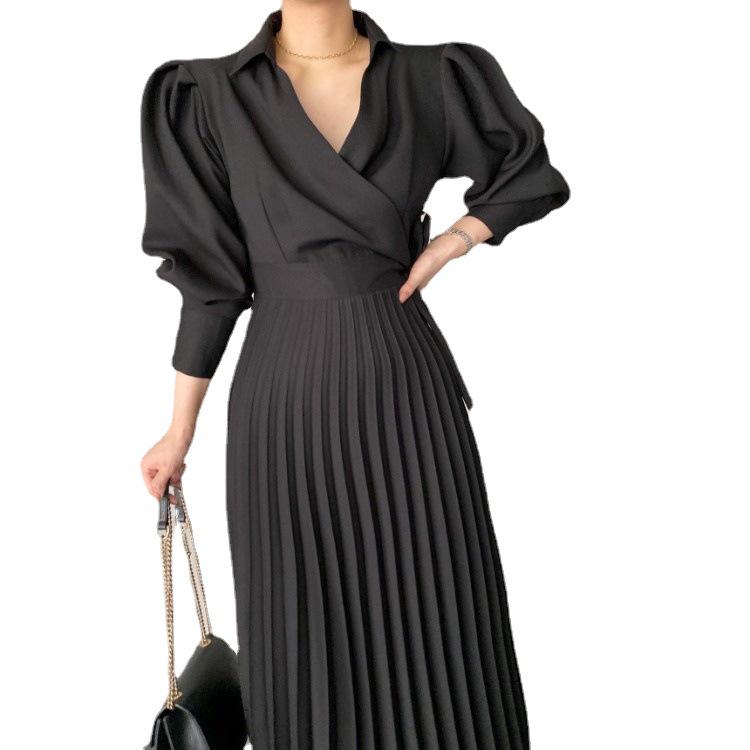 Available In Two Colors, 2023 New Style Pleated Dress with Lapel, Side Bow Tie Waist, and Slimming Puff Sleeves.