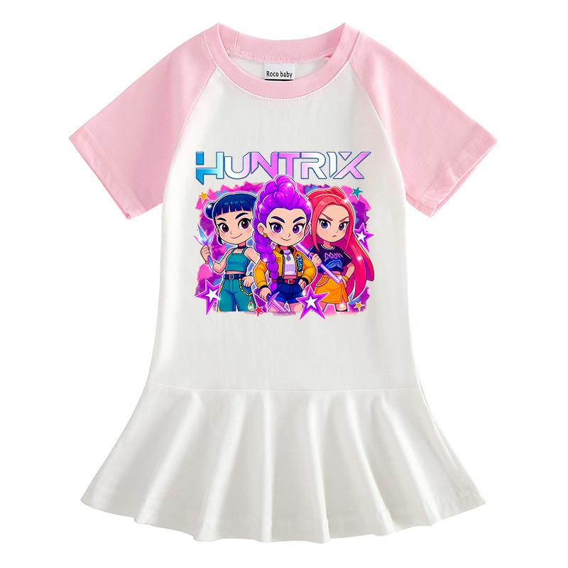 Girls Kpop Rumi Mira Zoey Hunters Print Raglan Ruffle Pleat Dress